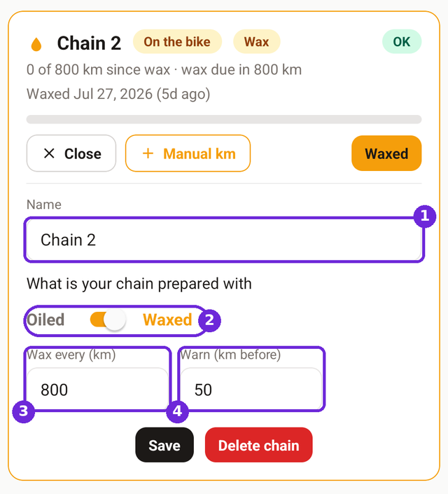 An open chain editor with four violet rings and numbers marking the name field, the Oiled to Waxed toggle, the Wax every field and the Warn field.
