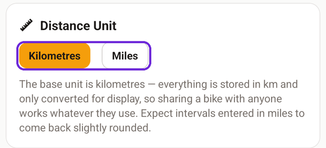 The Distance Unit card in settings, with the Kilometres and Miles buttons ringed in violet and Kilometres selected.