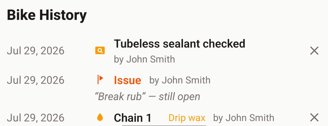 A bike history timeline listing a tubeless sealant check, a still-open issue and a chain waxed with Drip wax, each dated and attributed to John Smith.