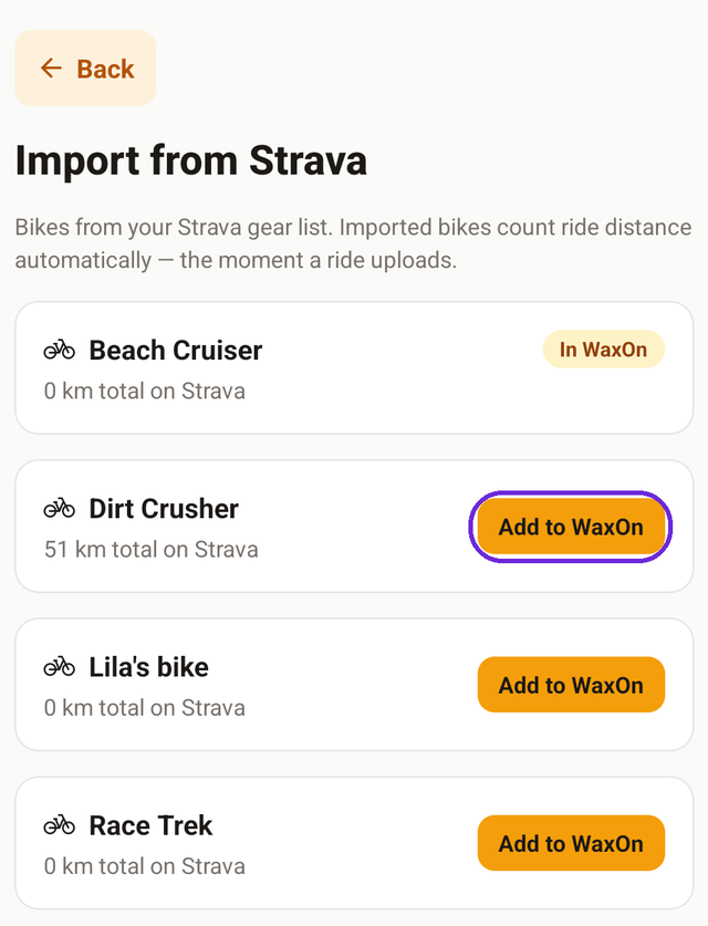 The Import from Strava screen, listing four bikes from a Strava gear list, with the Add to WaxOn button highlighted on one of them.