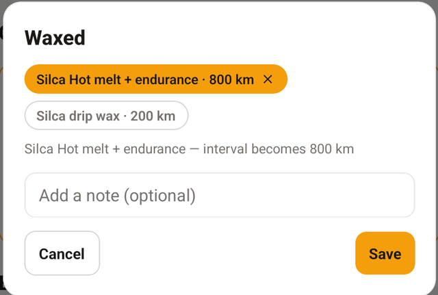 The Waxed sheet with two preset pills — Silca Hot melt selected, its interval line reading interval becomes 800 km — a note field, and Cancel and Save buttons.