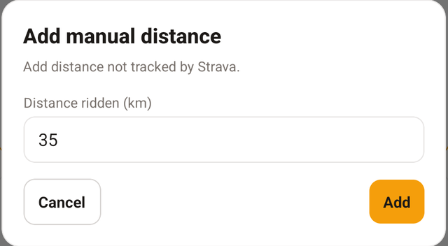 The Add manual distance dialog with a distance field containing 35 and Cancel and Add buttons.