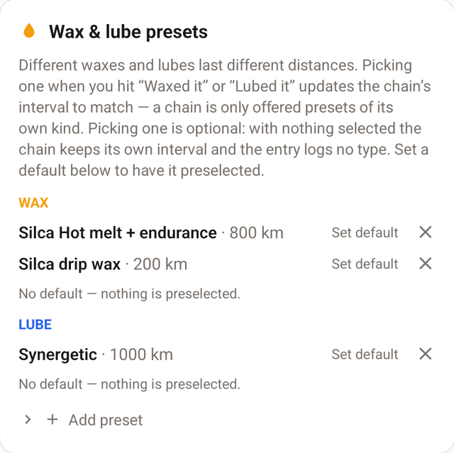 The Wax and lube presets card, with two waxes and a lube listed, each with a distance and a Set default link.