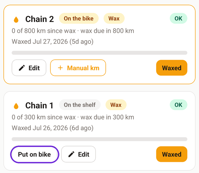 Two chain cards: Chain 2 on the bike, and below it Chain 1 on the shelf with its Put on bike button ringed in violet.