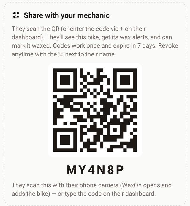 The Share with your mechanic card showing a QR code and the six-character share code MY4N8P.