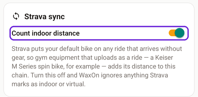 The Strava sync card in bike settings, with the Count indoor distance row and its switch ringed in violet.